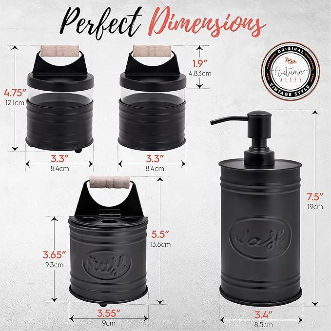 Autumn Alley Rustic Bathroom Accessories Set Black Farmhouse Soap Dispenser, Matte Black Toothbrush Holder, 2 Apothecary Jars Qtip Holder Glass - Rustic Bathroom Decor, Farmhouse Bathroom Accessories - ModernBath