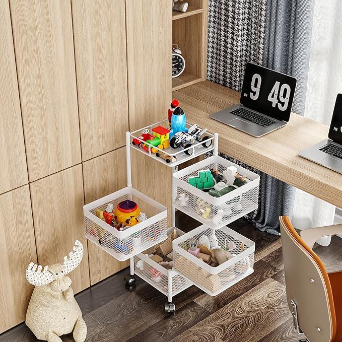 Rotating Kitchen Storage Rack,Fruit and Vegetable Basket Cart,Bathroom Shelf,Kitchen Organization and Storage Rack,Rolling Carts on Wheels(White, 4 Tier-Square) - ModernBath