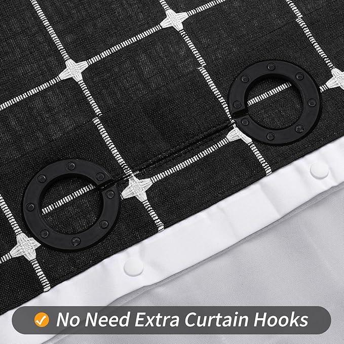 MitoVilla No Hooks Needed Boho Farmhouse Shower Curtain with Snap-in Liner, Cotton Linen Fabric Shower Curtains with Tassels for Rustic Neutral Bathroom Decor, Black and White, 72 x 74 - ModernBath