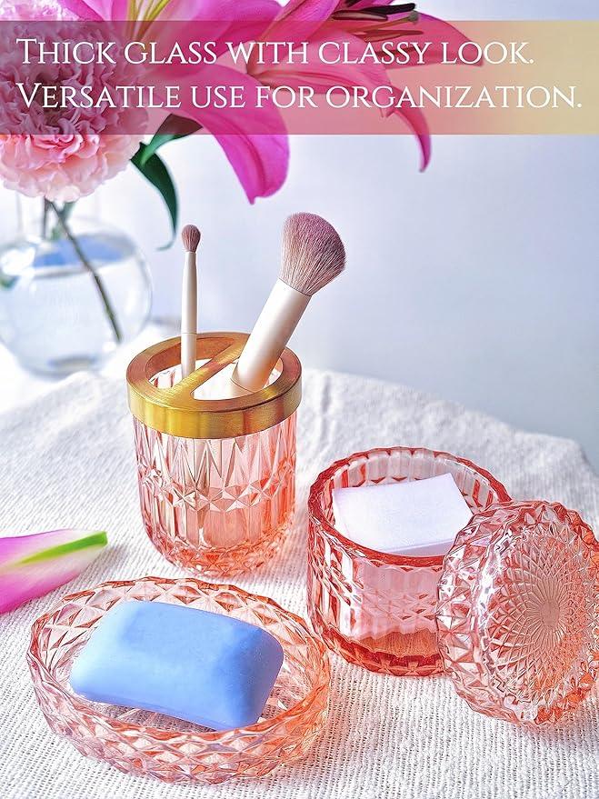 LaMarriti 5pcs Clear Glass Bathroom Accessories Set, Crystal Pink Bathroom Decor Set, Soap Dispenser, Toothbrush Holder Set, Soap Dish, Tumbler, Qtips Holder, Modern Decor for Bathroom, Gift Set - ModernBath