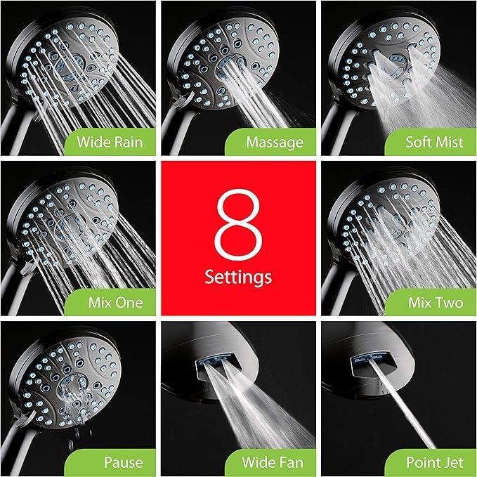 Hotel Spa AquaCare High Pressure 8-mode Handheld Shower Head - Anti-clog Nozzles, Built-in Power Wash to Clean Tub, Tile & Pets, Extra Long 6 ft. Stainless Steel Hose, Wall & Overhead Brackets - ModernBath