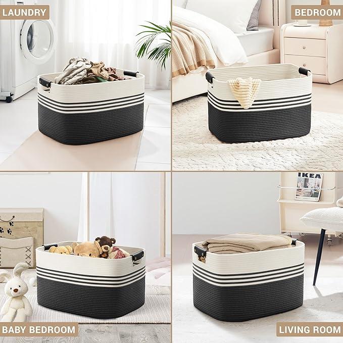 86L Extra Large Laundry Basket with Leather Handles for Living Room Storage, Woven Rope Baskets for Blanket, Kids Toy, Gifts, Wicker Hamper for Bedroom Dirty Clothes, 24"x16"x14" White Black - ModernBath