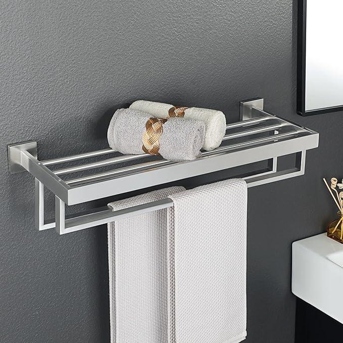 Alise Towel Rack with Double Towel Bars 24 Inch Towel Racks for Bathroom Wall Mounted,Bathroom Towel Holder Square Towel Hanger,SUS304 Stainless Steel Towel Shelf with Towel Bar,Brushed Nickel - ModernBath