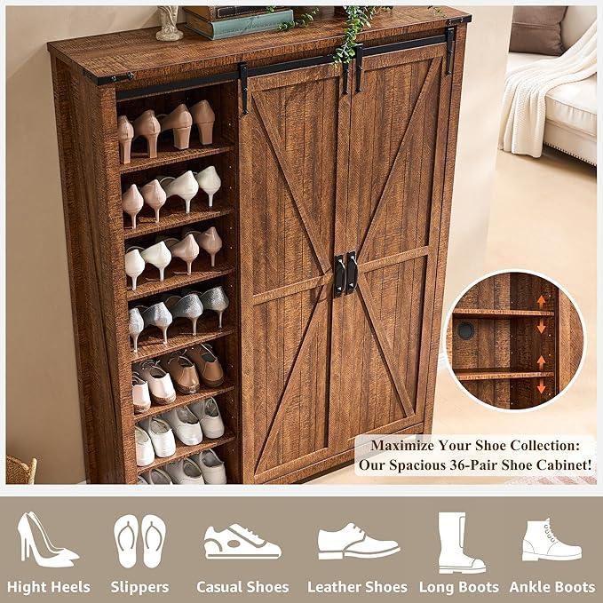 OKD Storage Cabinet with 2 Sliding Door, 7-Tier 62" Tall Farmhouse Entryway Shoe Cabinet, Freestanding Rustic Hidden Shoe Organizer for Entryway, Reclaimed Barnwood - ModernBath