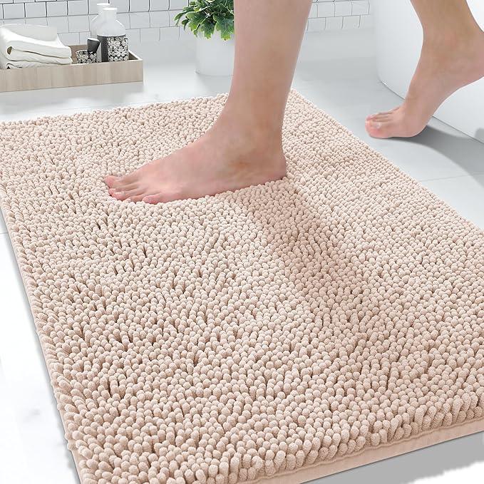 Yimobra Large Bathroom Rugs 36"x24", Non Slip Bath Mat for Tub, Shaggy Rug Floor Carpet, Extra Soft Super Absorbent Quick Dry, Machine Washable,Beige with Pink - ModernBath