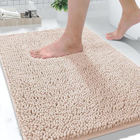 Yimobra Large Bathroom Rugs 36"x24", Non Slip Bath Mat for Tub, Shaggy Rug Floor Carpet, Extra Soft Super Absorbent Quick Dry, Machine Washable,Beige with Pink - ModernBath