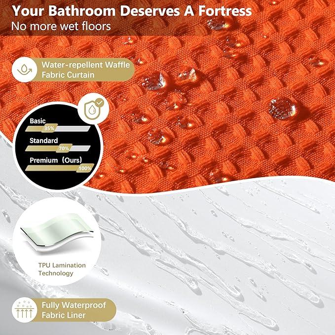 Luxury 3 in 1 Shower Curtain Set 3D Textured Waffle Weave Bathroom Curtain with Waterproof SGS Certified Fabric Liner & 12 Anti-Fall Stainless Steel Hooks, Machine Washable 72"x78" (Orange) - ModernBath