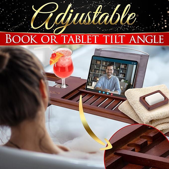 SereneLife Premium Bathtub Tray Caddy with Gift Box and Bow Set, Expandable Bath Tray, Unique House Warming Gifts for Mom, Women, Wedding, Anniversary, Bridal Shower, Fit for All Tub - Stain Brown - ModernBath
