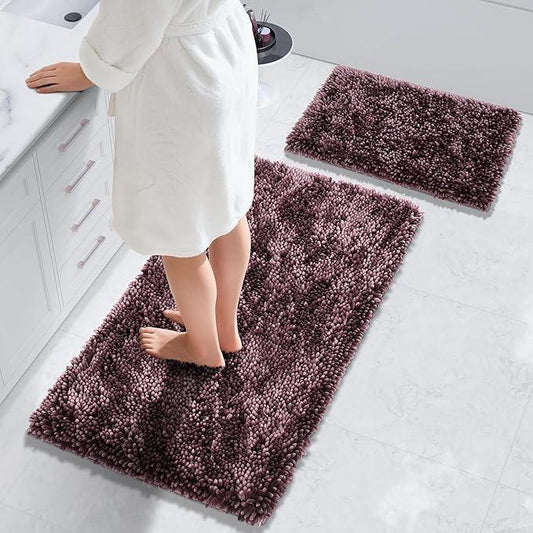 Yimobra Bathroom Rug Set 2 Piece, Luxury Shaggy Bath Mat Set with Non Slip Backing, Ultra Soft & Absorbent Mats for Bathroom Floor, Machine Washable, 44"x24"+24"x17", Dark Purple - ModernBath