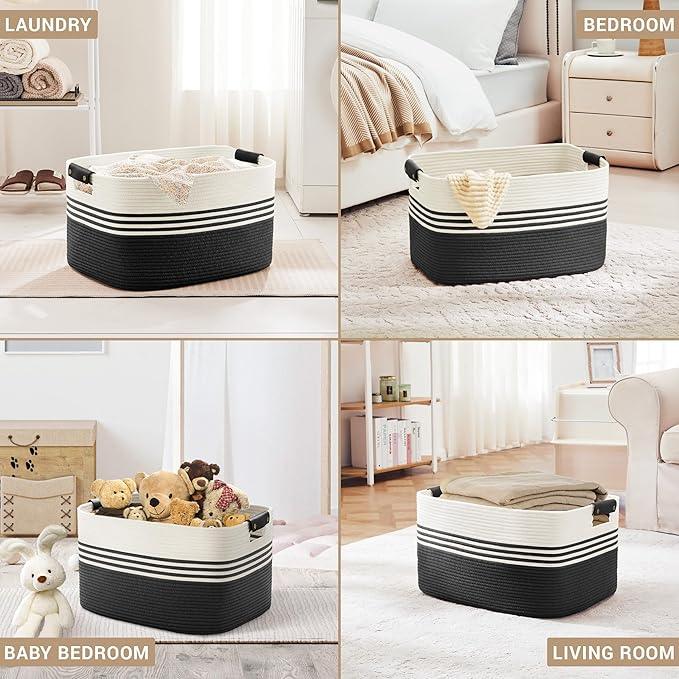 72L Large Laundry Basket with Leather Handles for Living Room Storage, Woven Rope Baskets Bin for Blanket, Kids Toy, Gifts, Wicker Hamper for Bedroom Dirty Clothes, 22"x17"x12" White Black - ModernBath