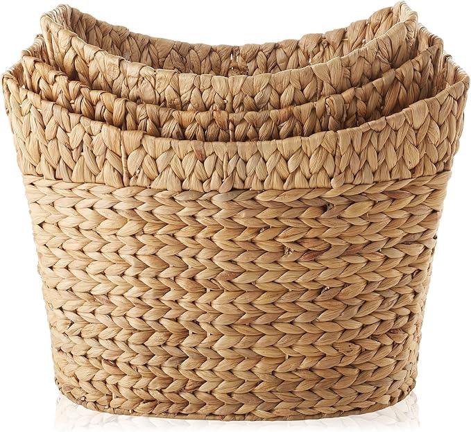 Casafield Set of 3 Stackable Oval Laundry Baskets with Handles - Natural, Woven Water Hyacinth Storage Totes for Throw Blankets, Bathroom, Bedroom, Living Room - ModernBath