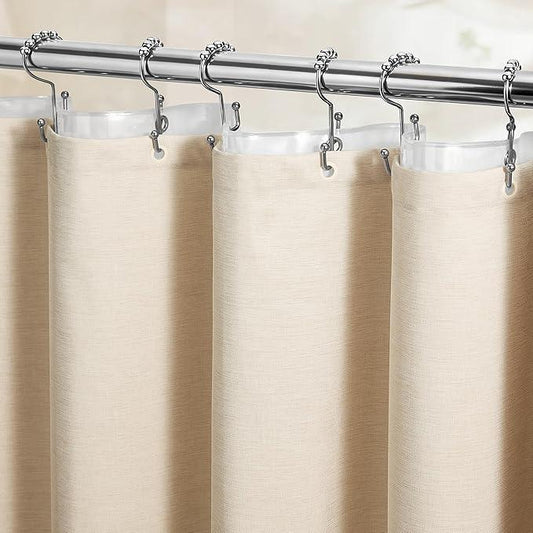 BTTN Stall 3 in 1 Shower Curtain Set, Small Linen Textured Fabric Shower Curtain and Clear Liner Set with 6 Hook, Half Modern Hotel Luxury Waterproof Shower Curtain for Bathroom, Cream/Beige, 36x72 - ModernBath