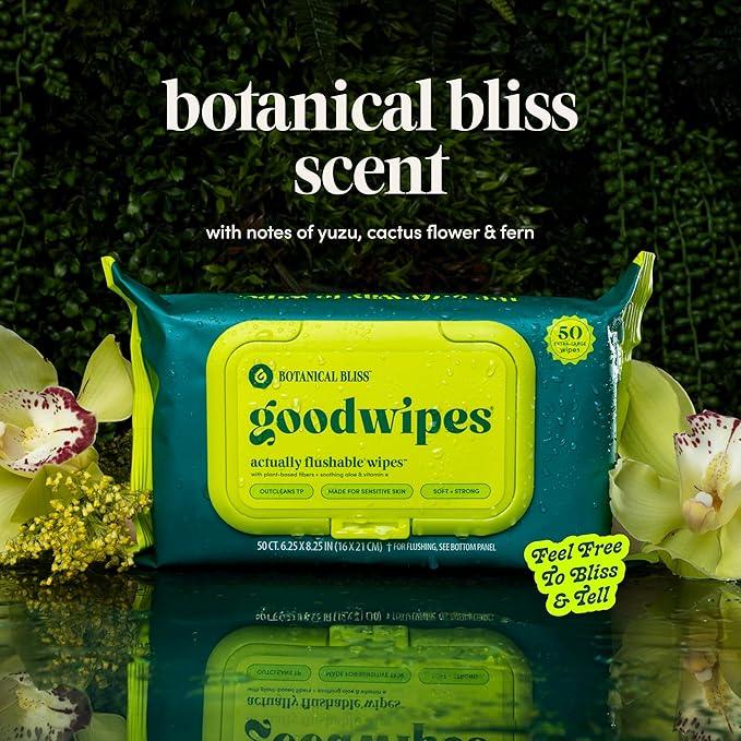 goodwipes Flushable Butt Wipes - Vitamin E & Aloe - Sewer & Septic Safe - Extra Large Adult Wet Wipes For Women & Men - Toilet Essential - Botanical Bliss, 153 Count (3 Packs + 3 Individually Wrapped) - ModernBath