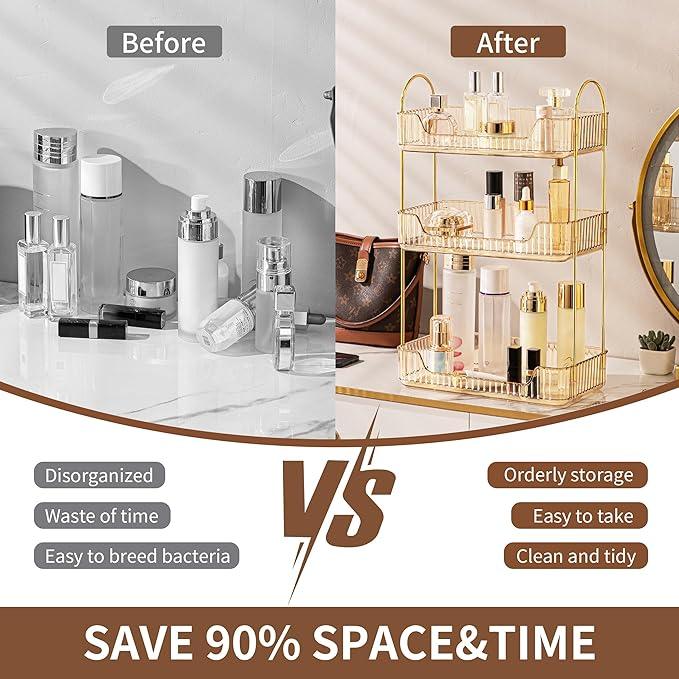 YCIA&DONE Bathroom Organizer Countertop, Makeup Storage, Skincare Cosmetic Tray Shelf, Perfume Holder Rack for Vanity Counter, Large Capacity, Easy to Install, Clean, 3 Tiers, Amber Gold - ModernBath