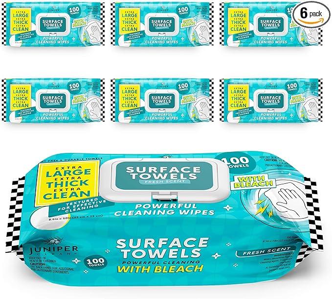 Juniper CLEAN 6 Packs Surface Wipes with Bleach, Thick & Large Dispose, All-Purpose Cleaner for Bathroom, Kitchen, Office, 600 Count Soft Flow, Biodegradable, Fresh Scent - ModernBath
