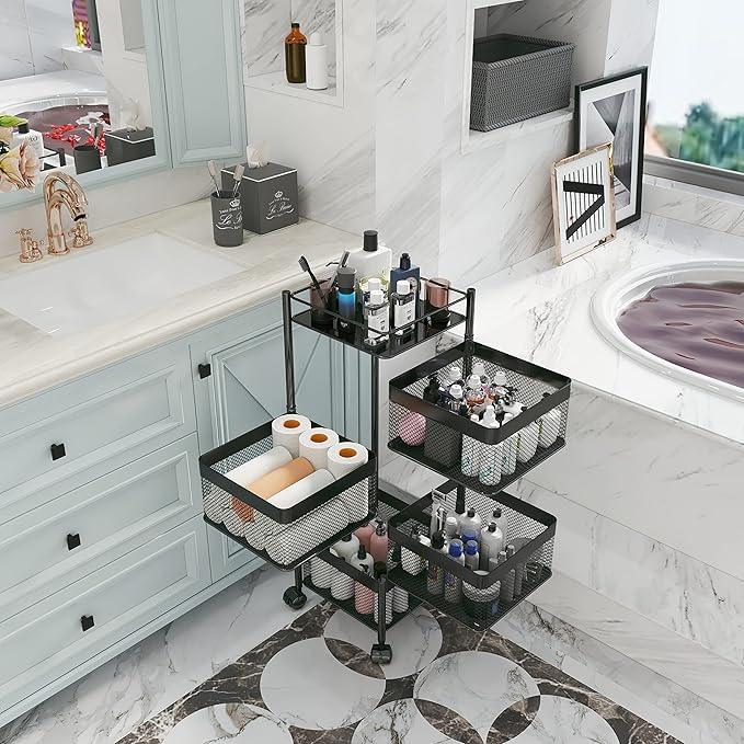 Rotating Kitchen Storage Rack，Bathroom Shelf，Kitchen Organization and Storage，Bathroom Storage Organizer，Fruit Basket，Rolling Carts with Wheels(Black, 4 Tier-Square) - ModernBath