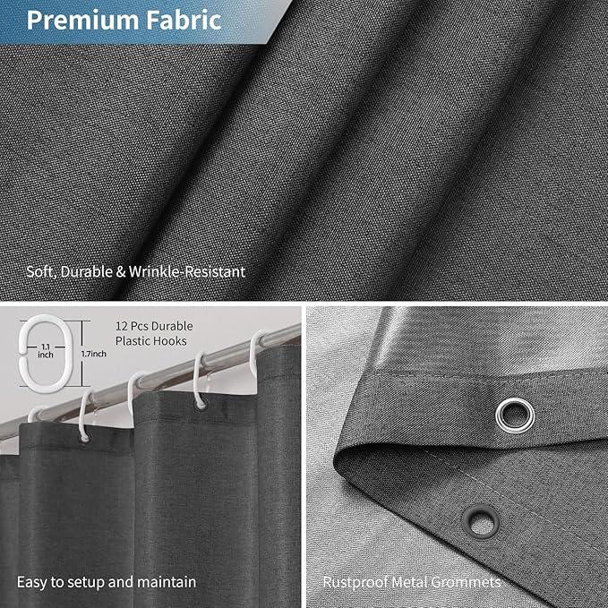 THAIGEE 2-in-1 Waterproof Extra Long Fabric Shower Curtain or Liner,Linen Textured,84 Inch Breathable TPU & Washable Bathroom Shower Curtain Set with 12 Plastic Hooks,Modern,72"x84" Charcoalgrey - ModernBath