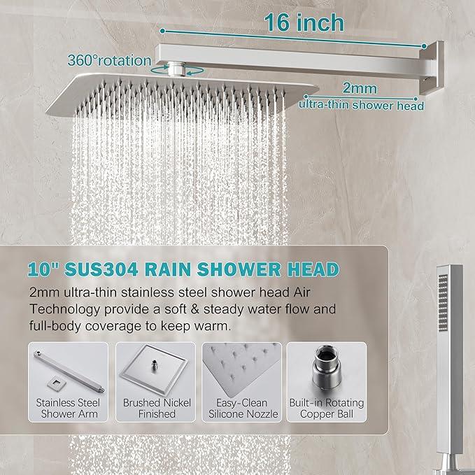 HoliSpa Brushed Nickel Shower System, Shower Faucet Set with 10-Inch Rain Showerhead and Handheld Spray, Wall Mounted High-Pressure Showerhead Combo Set Included Valve and Trim, Brushed Nickel - ModernBath