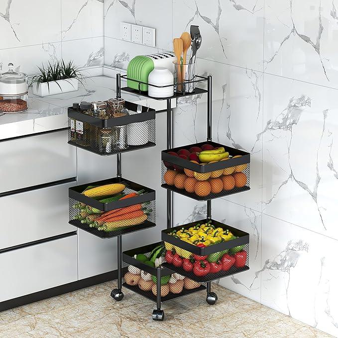 Fruit and Vegetable Basket for Kitchen No Assembly， Rotating Storage Rack,Bathroom Storage Shelf, Kitchen Organizers and Storage Cart on Rolling Wheels(Black, 5 Tier-Square) - ModernBath