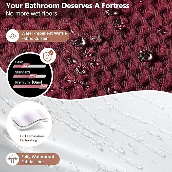 Luxury 3 in 1 Shower Curtain Set 3D Textured Waffle Weave Bathroom Curtain with Waterproof SGS Certified Fabric Liner & 12 Anti-Fall Stainless Steel Hooks, Machine Washable 72"x78" (Burgundy) - ModernBath