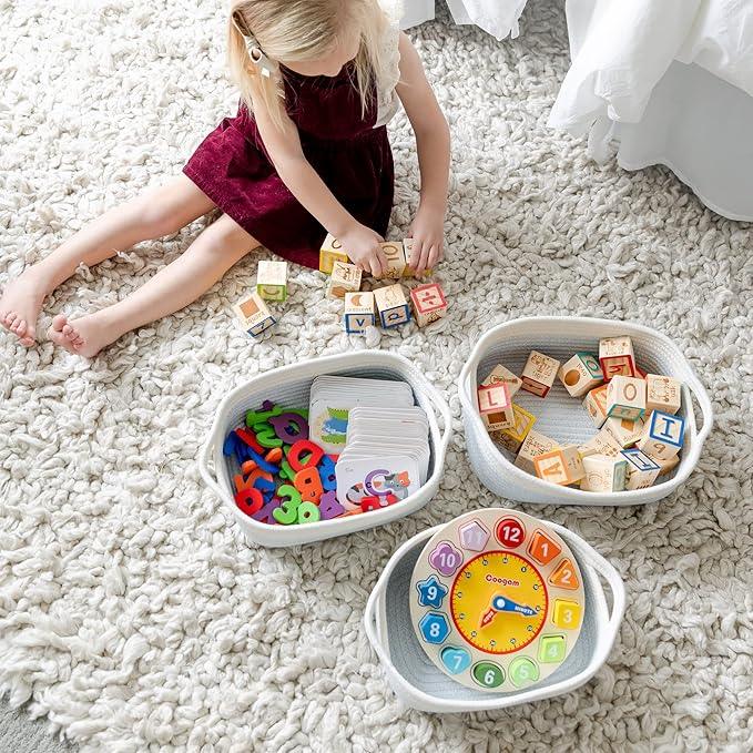 NaturalCozy 5-Piece Rectangle Storage Basket Set- Natural Cotton Rope Woven Baskets for Organizing! Small Basket for Montessori, Baby Nursery, Dog Toy Baskets, Cat Toy Box, Bathroom Organization Bin - ModernBath