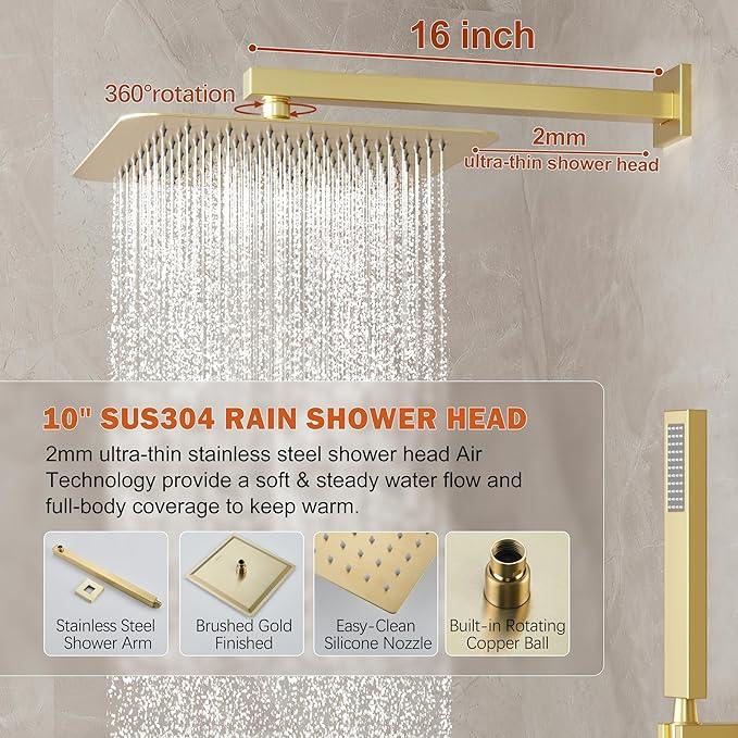 HoliSpa Gold Shower System, Shower Faucet Set with 10-Inch Rain Showerhead and Handheld Spray, Wall Mounted High-Pressure Showerhead Combo Set Included Valve and Trim, Brushed Gold - ModernBath