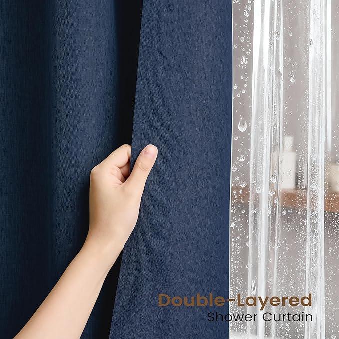 BTTN 3 in 1 Shower Curtain Set, Navy Blue Linen Textured Fabric Shower Curtain and Clear Liner Set with Plastic Hook, Modern Hotel Luxury Weighted Waterproof Shower Curtain for Bathroom, Blue, 72x72 - ModernBath