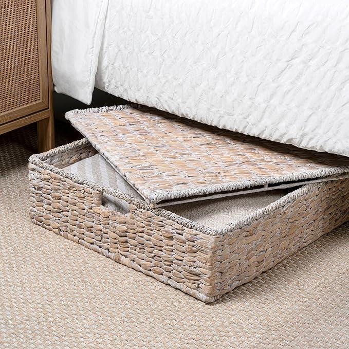 happimess BSK2015D Holden 30" Classic Costal Hand-Woven Hyacinth Wicker Under Bed Storage Basket with for Storage and Decoration in Bathroom, Bedroom, Closet, Entryway, White Wash - ModernBath