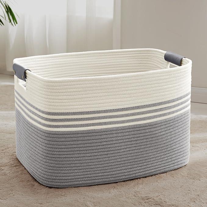 86L Extra Large Laundry Basket with Leather Handles for Living Room Storage, Woven Rope Baskets for Blanket, Kids Toy, Gifts, Wicker Hamper for Bedroom Dirty Clothes, 24"x16"x14" White Grey - ModernBath