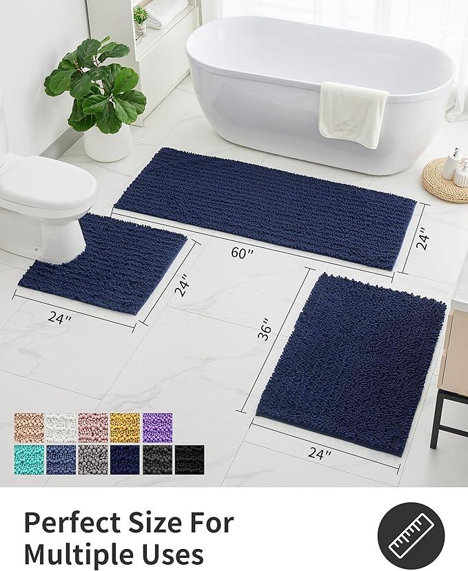 ILANGO Bathroom Rugs Navy Blue 44x24,Extra Soft Absorbent Chenille Bath Rugs,Thick Non-Slip Shaggy Bath Mat,Machine Washable Quick Dry Bath Mats for Bathroom Floor, Tub, Shower Accessories - ModernBath