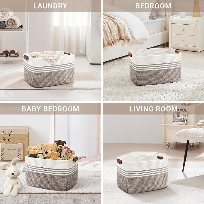 45L Small Laundry Basket with Leather Handles for Living Room Storage, Woven Rope Baskets Bin for Blanket, Kids Toy, Gifts, Wicker Hamper for Bedroom Dirty Clothes, 18"x14"x11" Dark Brown - ModernBath