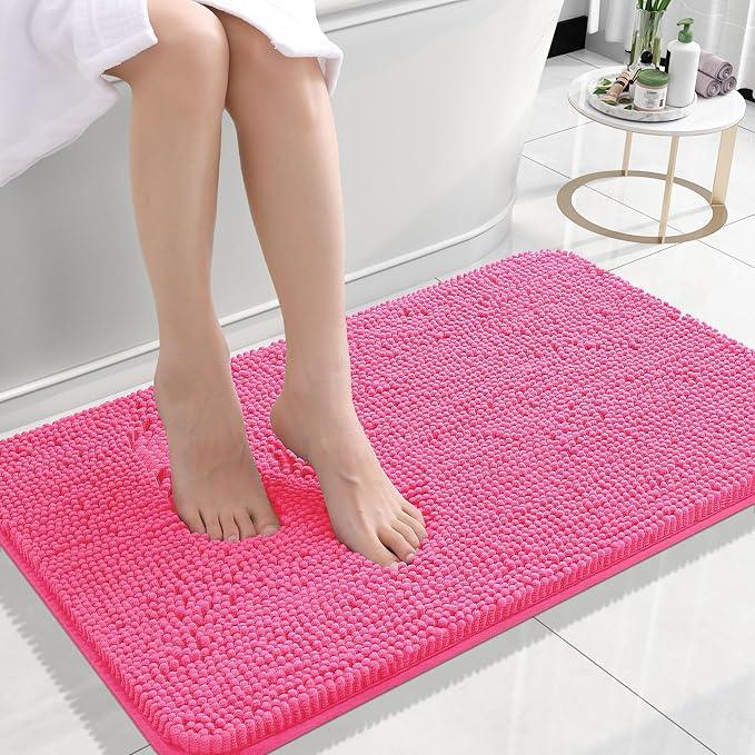 OLANLY Bathroom Rugs 24x16, Extra Soft Absorbent Chenille Bath Rugs, Rubber Backing Quick Dry, Machine Washable Bath Mats for Bathroom Floor, Tub and Shower, Home Decor Accessories, Hot Pink - ModernBath