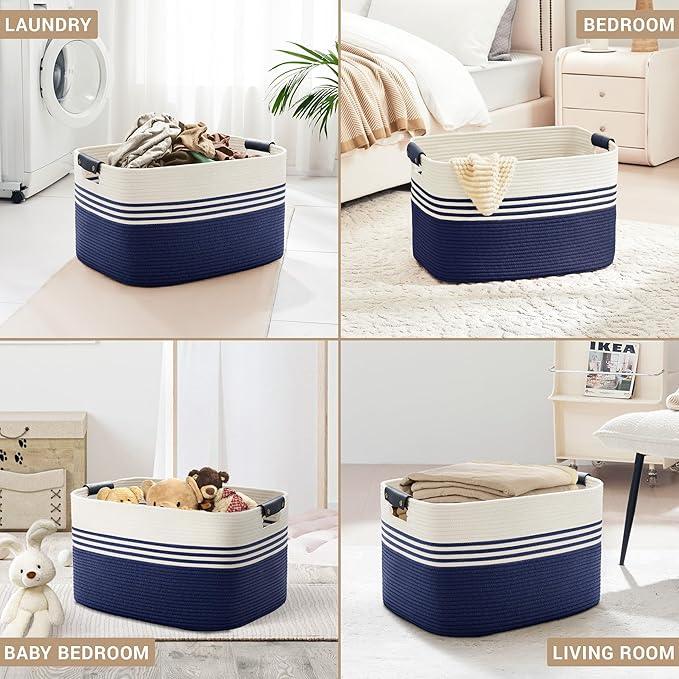 86L Extra Large Laundry Basket with Leather Handles for Living Room Storage, Woven Rope Baskets for Blanket, Kids Toy, Gifts, Wicker Hamper for Bedroom Dirty Clothes, 24"x16"x14" White Navy - ModernBath