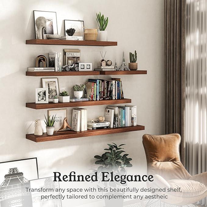 Floating Shelves for Wall, Wall Mounted Rustic Wood Shelves for Bathroom, Bedroom, Living Room, Kitchen, Hanging Shelf for Books/Storage/Room Decor (Walnut, 24") - ModernBath