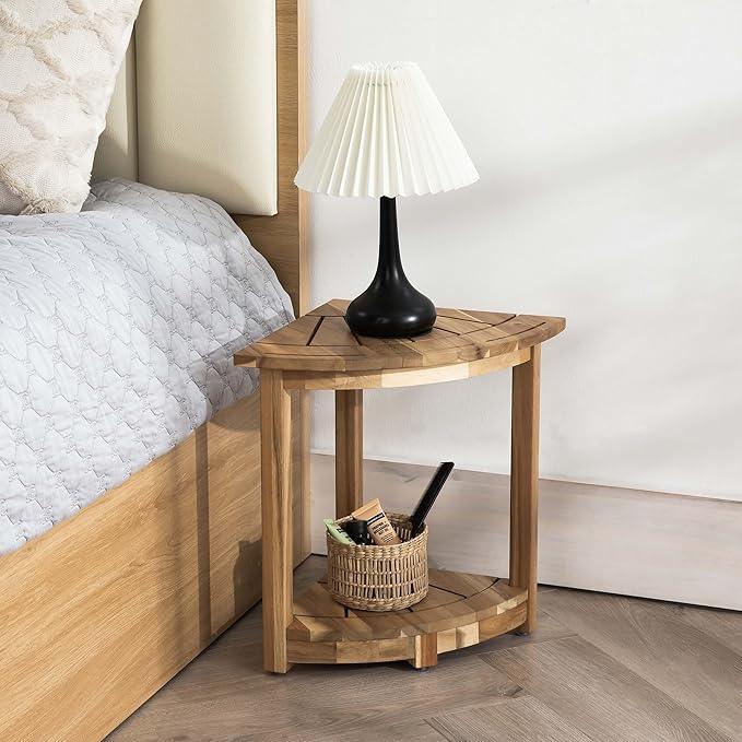 VICTORY RELAX Acacia Wood Corner Shower Stool - Waterproof Triangular Bathroom Bench with Storage Shelf & Soap Dish for Shaving, Light Natural Wood (17.9x12.7x16.5) - ModernBath
