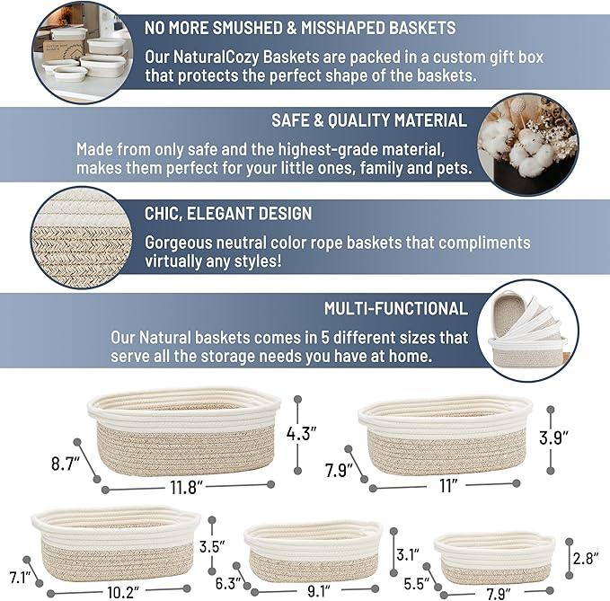 NaturalCozy 5-Piece Rectangle Storage Basket Set- Natural Cotton Rope Woven Baskets for Organizing! Small Basket for Montessori, Baby Nursery, Dog Toy Baskets, Cat Toy Box, Bathroom Organization Bin - ModernBath