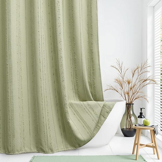 Lameirose Sage Green Shower Curtain Boho, Cotton Blend Waffle Shower Curtain Farmhouse, Fabric Shower Curtains for Bathroom, Hotel, Washable 72 x 72 - ModernBath