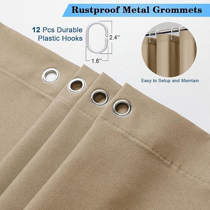 OVZME Zora 78 Inch Shower Curtain Set with 12 Plastic Hooks, Plain Fabric Taupe Shower Curtain for Bathroom - Long Shower Curtain, Water Resistance, Machine Washable Soft Cloth, 72X78, Taupe - ModernBath