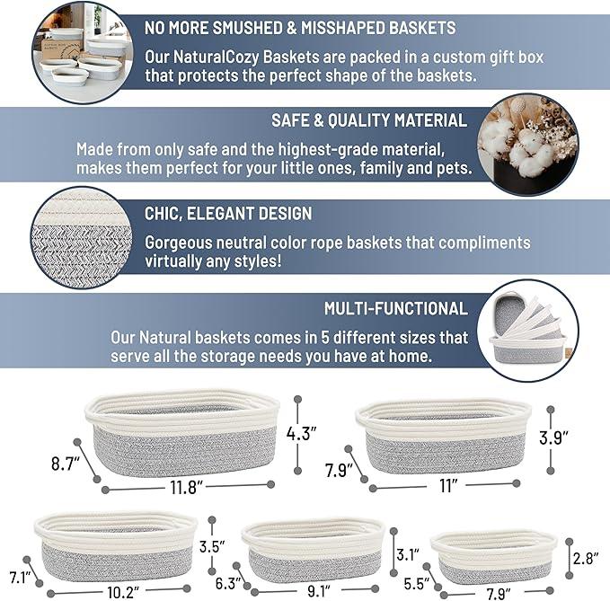 NaturalCozy 5-Piece Rectangle Storage Basket Set- Natural Cotton Rope Woven Baskets for Organizing! Small Basket for Montessori, Baby Nursery, Dog Toy Baskets, Cat Toy Box, Bathroom Organization Bin - ModernBath