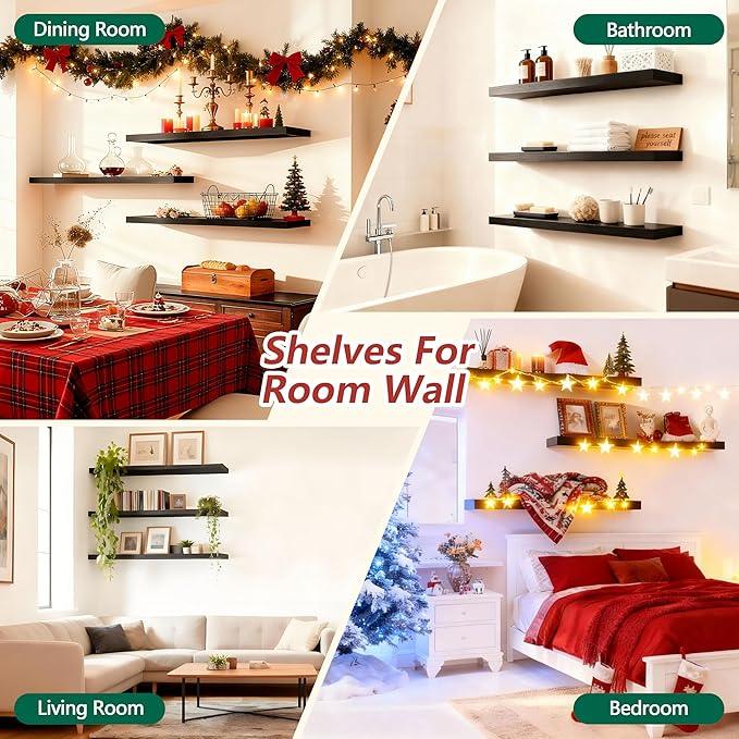 ROGMARS Black Floating Shelves for Wall,36 inch Rustic Wooden Floating Wall Mounted Book Shelves with Invisible Brackets for Living Room, Bedroom, Kitchen, Bathroom,Set of 3 - ModernBath