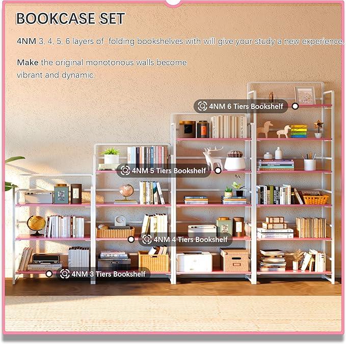 4NM No Assembly 5 Tiers Folding Bookshelf Storage Shelves Vintage Bookcase Standing Racks Study Organizer Home Office (Pink White) - ModernBath