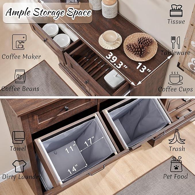 Double Tilt Out Laundry Hamper Cabinet, 20 Gallon Farmhouse Trash Can Cabinet with Drawer, Hidden Wood Garbage Can Bin Cabinet with Laundry Storage Basket for Bathroom, Kitchen, Brown - ModernBath