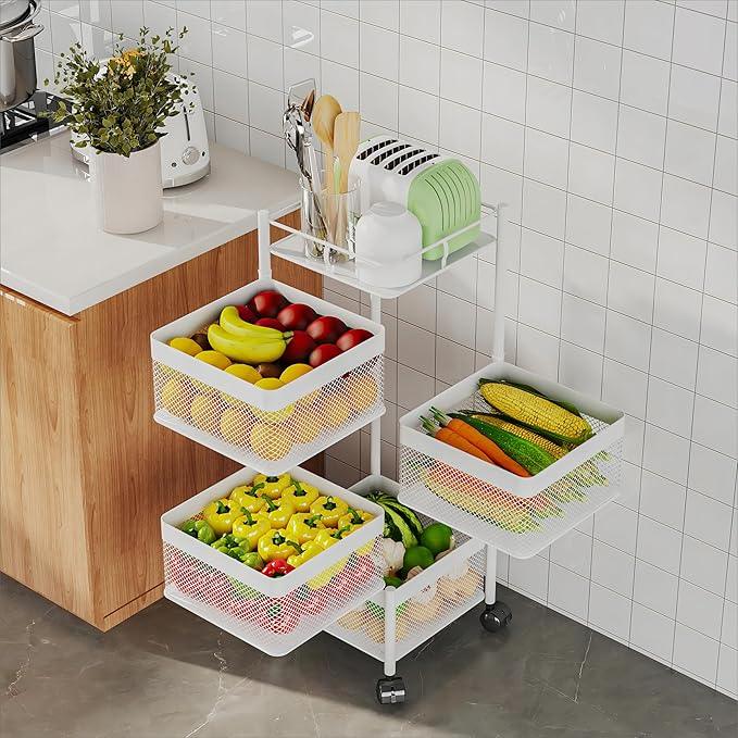Rotating Kitchen Storage Rack,Fruit and Vegetable Basket Cart,Bathroom Shelf,Kitchen Organization and Storage Rack,Rolling Carts on Wheels(White, 4 Tier-Square) - ModernBath