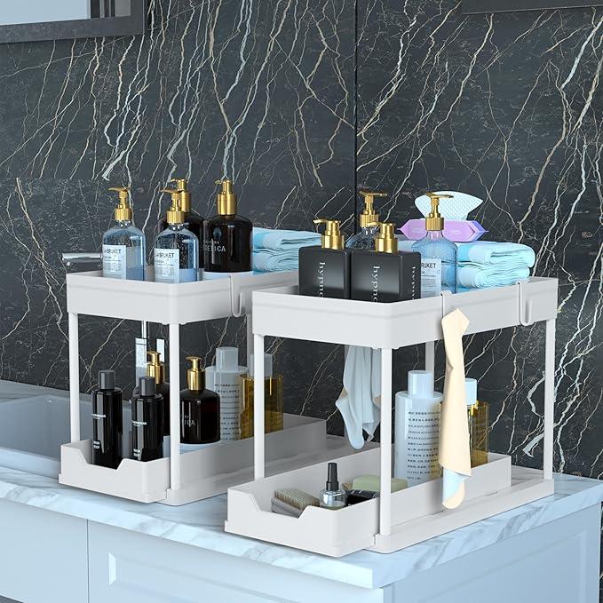 DEKAVA Cabinet, 2 Pack Under Sink Organizer, 2 Tier Sliding Bathroom Kitchen Organizer, Large White ABS Baskets, Easy Install & Clean - ModernBath