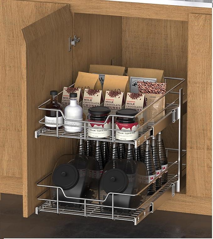 2 Tier Pull Out Cabinet Organizer 11" W X 17" D, Slide Out Drawers for Kitchen Cabinets, Pull Out Drawers for Cabinets Capacity Heavy Duty Caddy, Cabinet Pullout Shelves Chrome-Plated,Bathroom Pantry - ModernBath