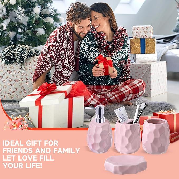 Ceramic Bathroom Accessories Set 4 PCS,Bathroom Toothbrush Holder Set,Soap and Toothbrush Holder Set,Include Toothbrush Holder,Soap Dispenser,Tumbler,Soap Dish,Bathroom Sets Decor Organizer (Pink) - ModernBath