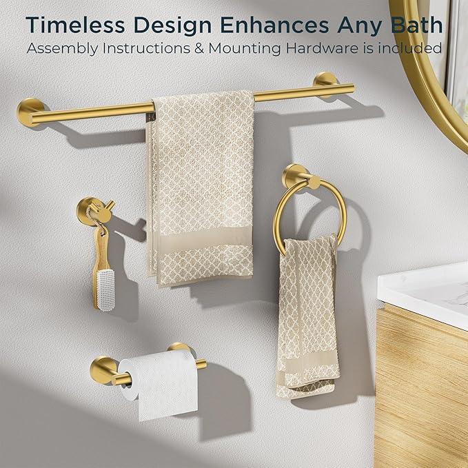 FORIOUS Bathroom Hardware Accessories Set, SUS304 Stainless Steel 24 Inch Towel Bar Set, Modern Towel Racks Holder for Bathroom Wall Mounted, 4 Pieces, Brushed Gold - ModernBath