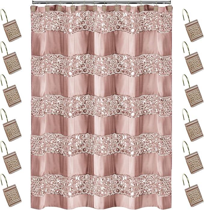 Zahari Home 13pc Sinatra Bathroom Shower Curtain Set - Blush Luxury Fabric With 12 Hooks - Unique Design Bling - ModernBath