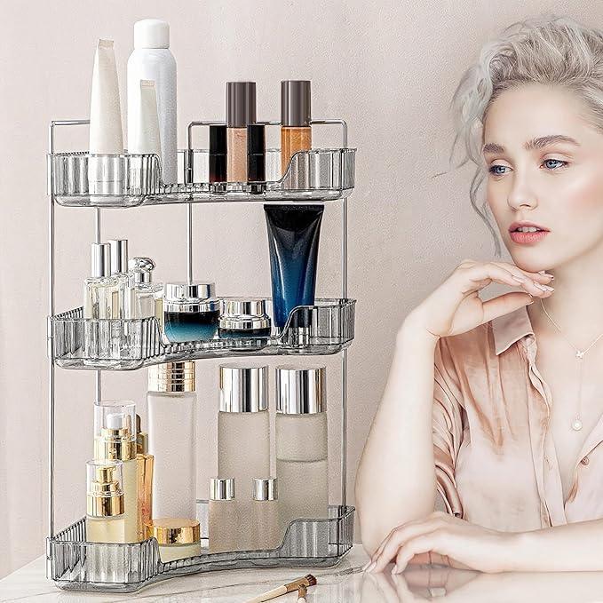 INVSSENE Corner Bathroom Countertop Organizer, Vanity Organizer Trays for Counter, Makeup Organizers, Perfume Tray, Skincare Shelf Storage Gifts for Women Girl Student (Smoky Gray 3 Tiers) - ModernBath