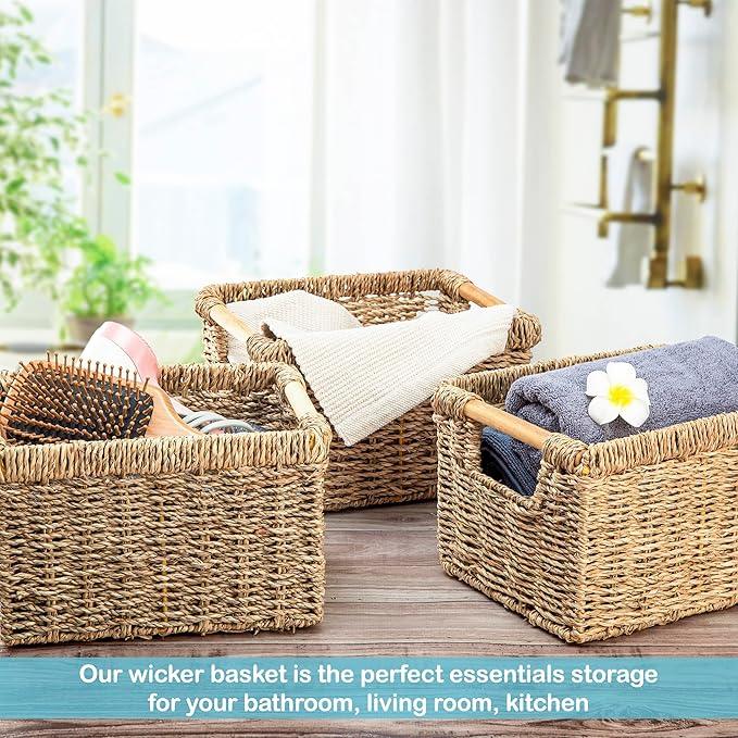 Small Wicker Baskets for Organizing Bathroom, Seagrass Baskets for Storage, Wicker Storage Basket with Wooden Handle, Decorative Small Organizing Basket 10.3 x 7.7 x 6.3 inches - 3 Pack - ModernBath